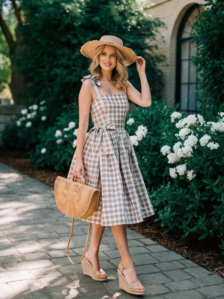 brown gingham midi dress, ideal for a vintage-inspired tea party